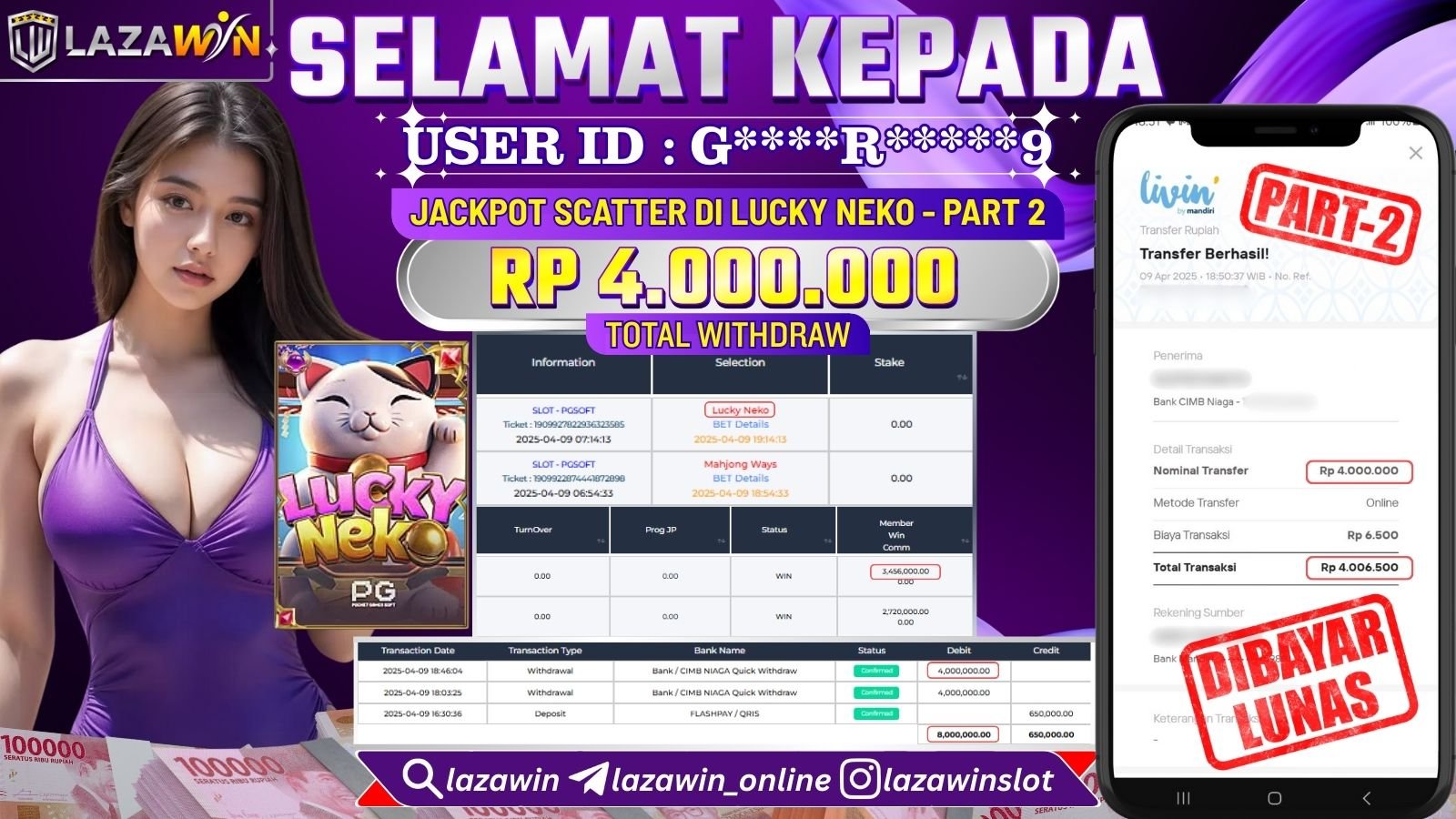 LAZAWIN JACKPOT SCATTER di SLOT LUCKY NEKO - PART 2 Rp.4.000.000,- LUNAS