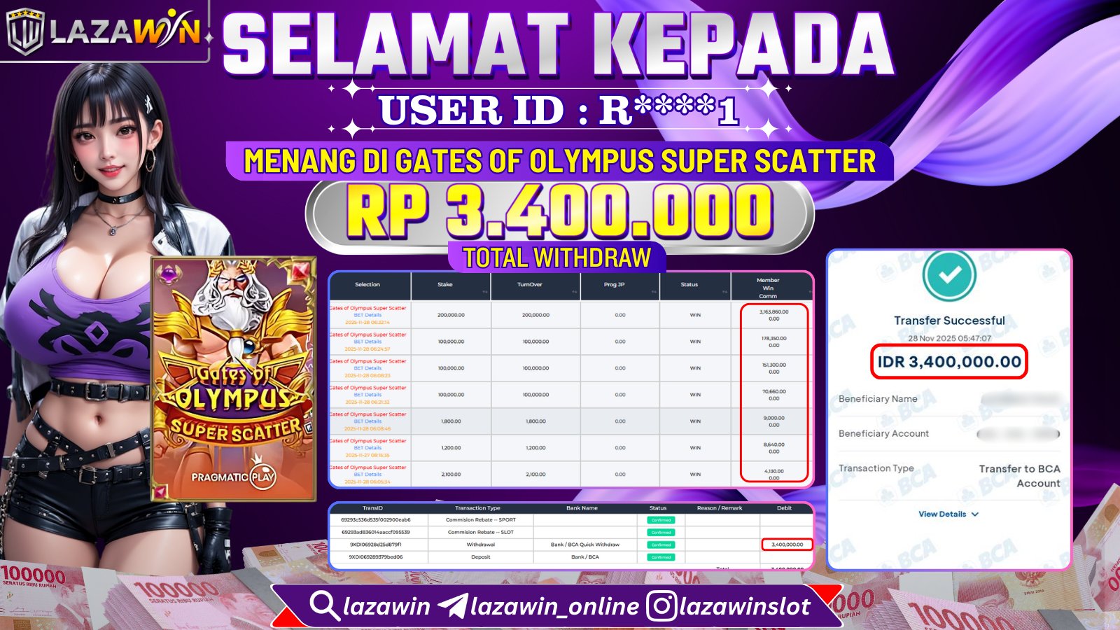 LAZAWIN JACKPOT di GATES OF OLYMPUS SUPER SCATTER Rp.3.400.000,- LUNAS