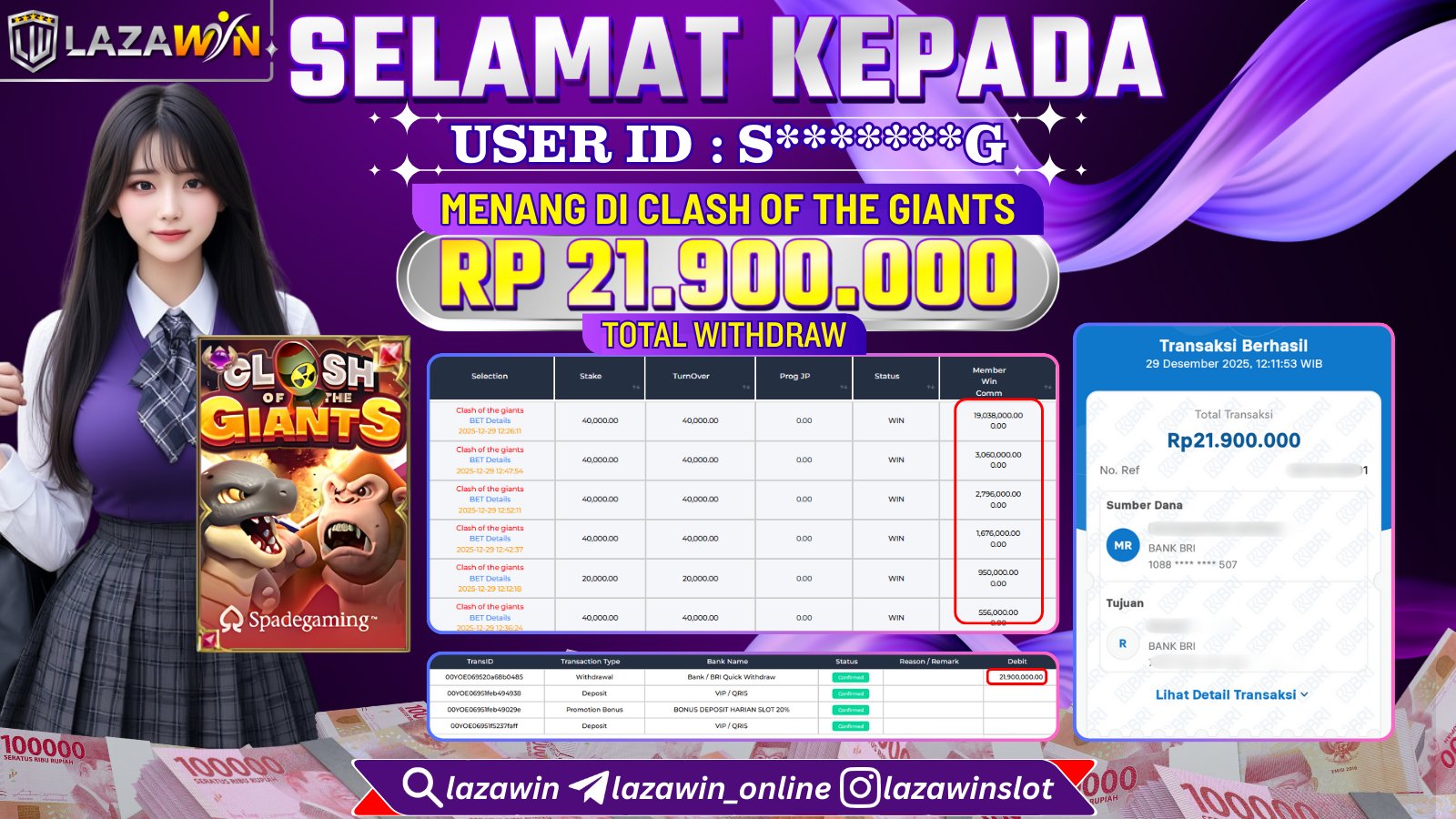 LAZAWIN JACKPOT di CLASH OF THE GIANTS Rp.21.900.000,- LUNAS
