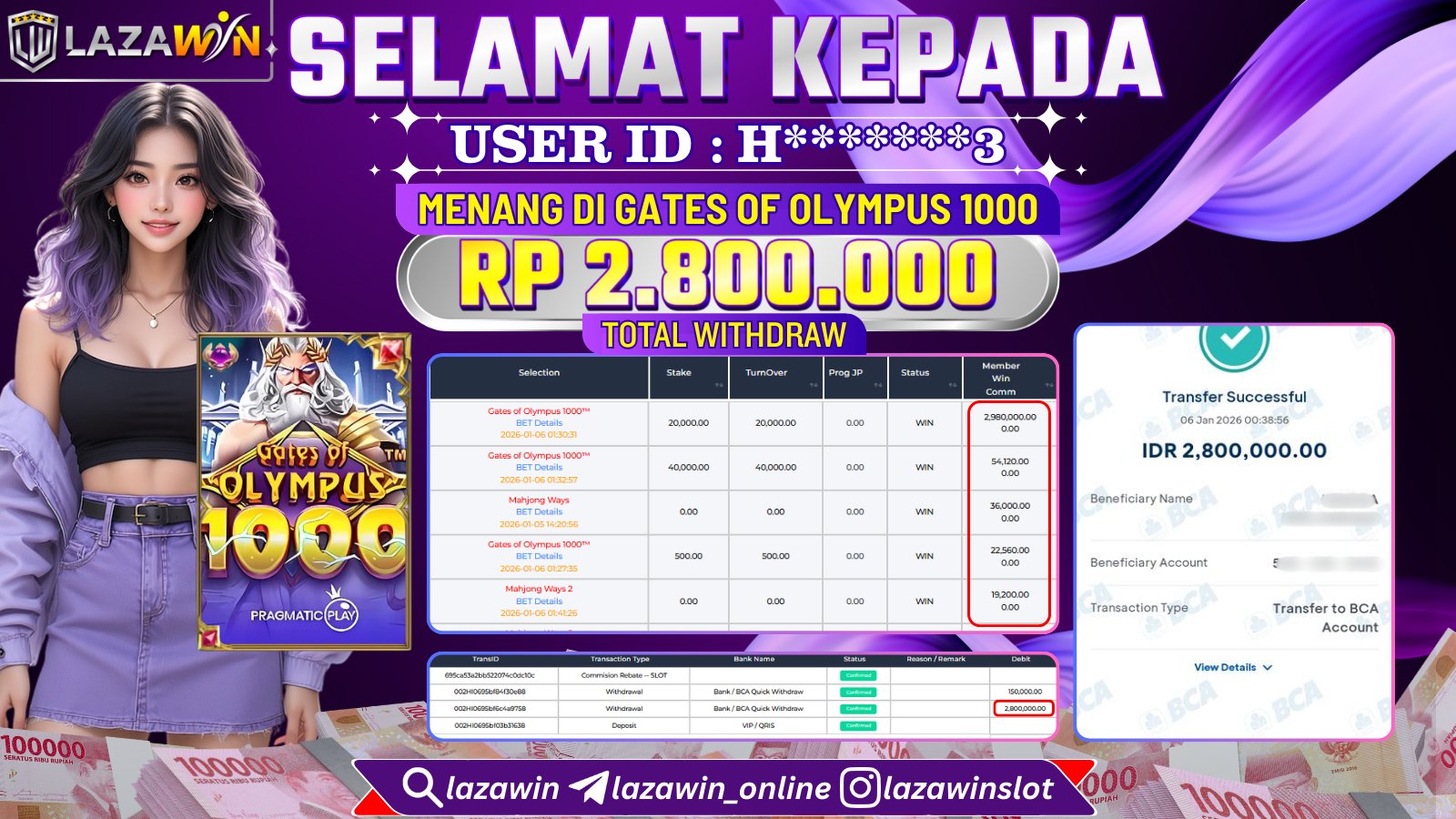 LAZAWIN JACKPOT di GATES OF OLYMPUS 1000 Rp.2.800.000,- LUNAS
